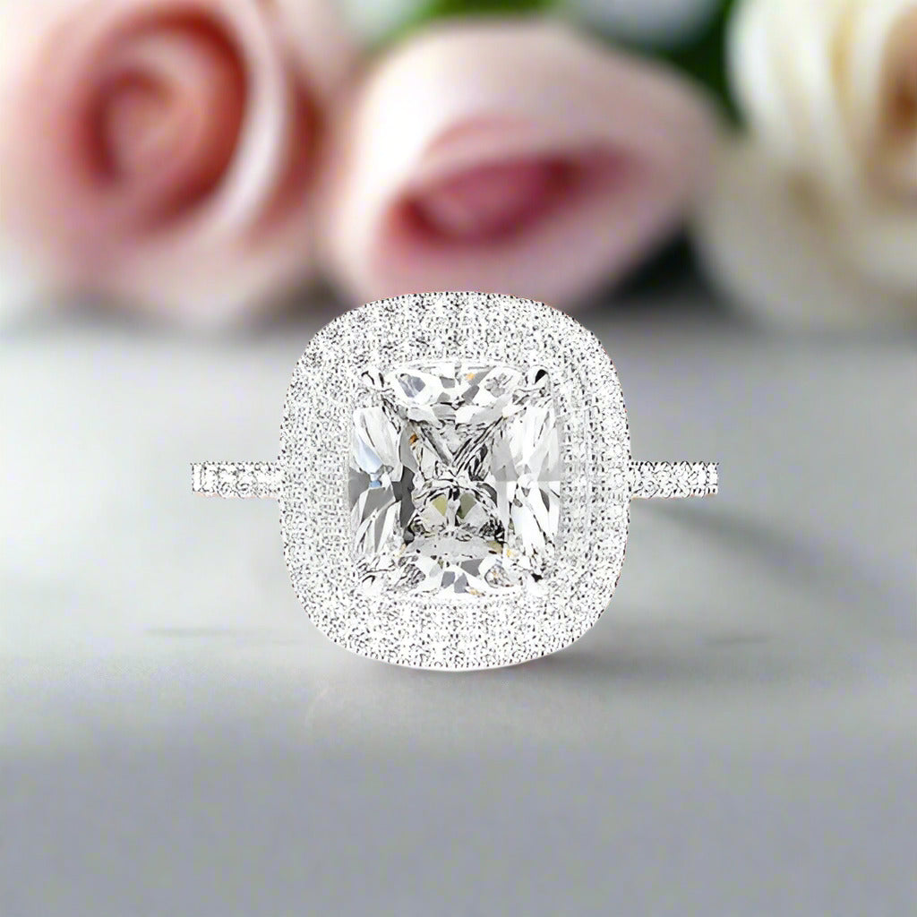 Double Halo Cushion Cut Wedding Ring Set In White Gold-Black Diamonds New York