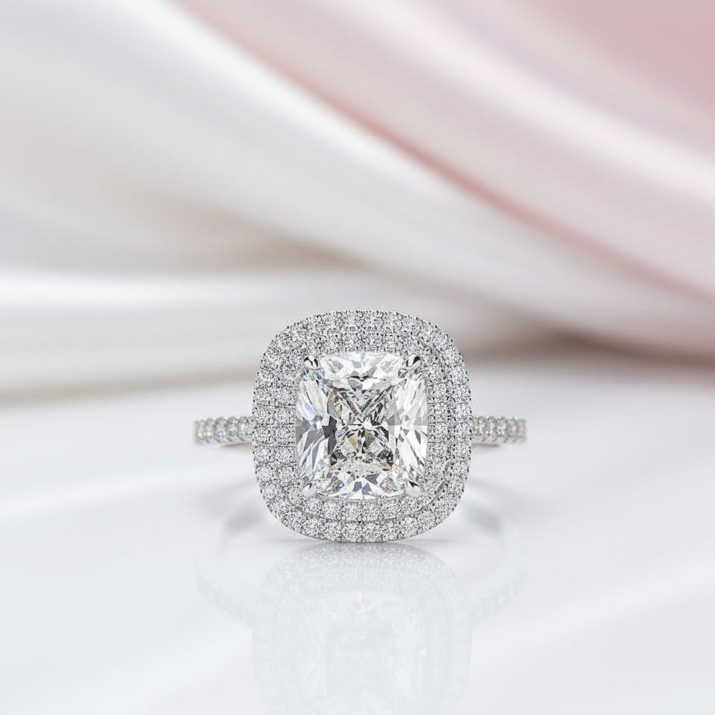 Double Halo Cushion Cut Wedding Ring Set In White Gold-Black Diamonds New York