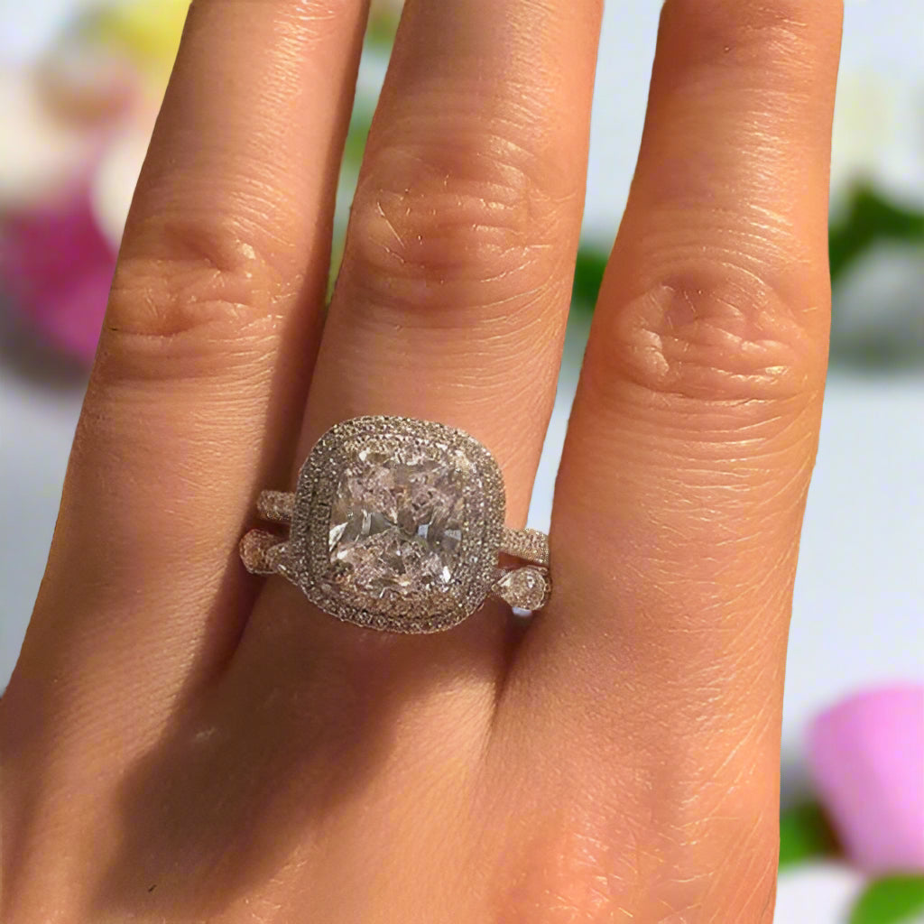 Cushion cut diamond with double halo Clearance