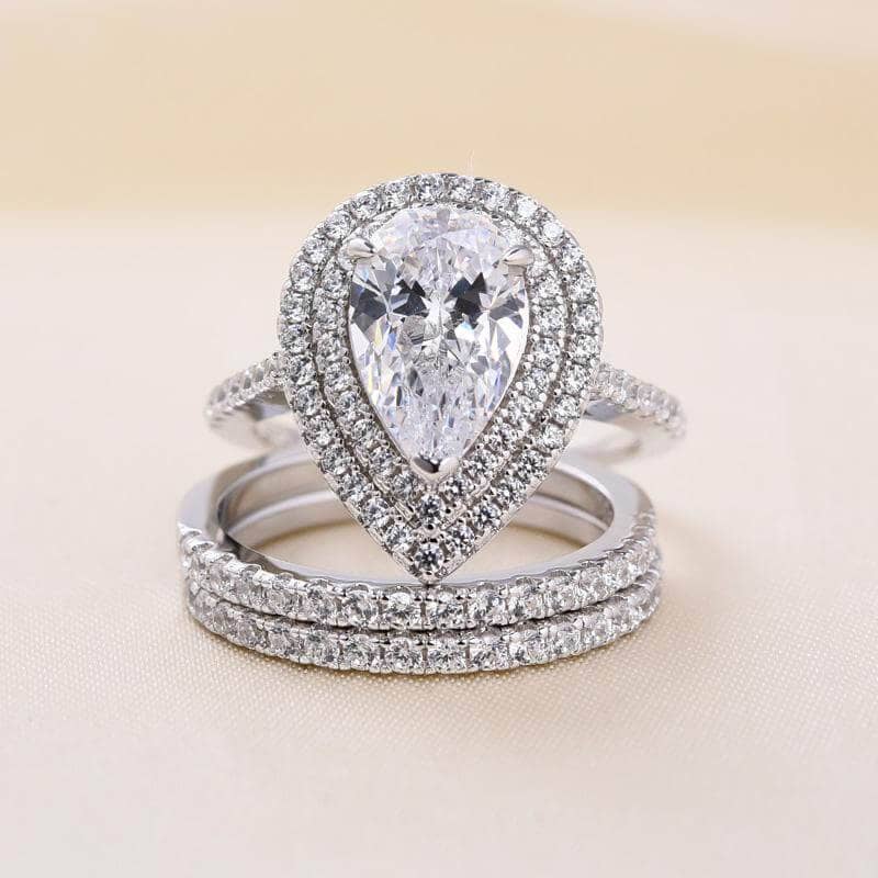 Double Halo Pear Cut 3-Pieces Wedding Set - Black Diamonds New York