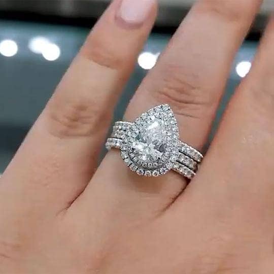 Double Halo Pear Cut 3-Pieces Wedding Set - Black Diamonds New York