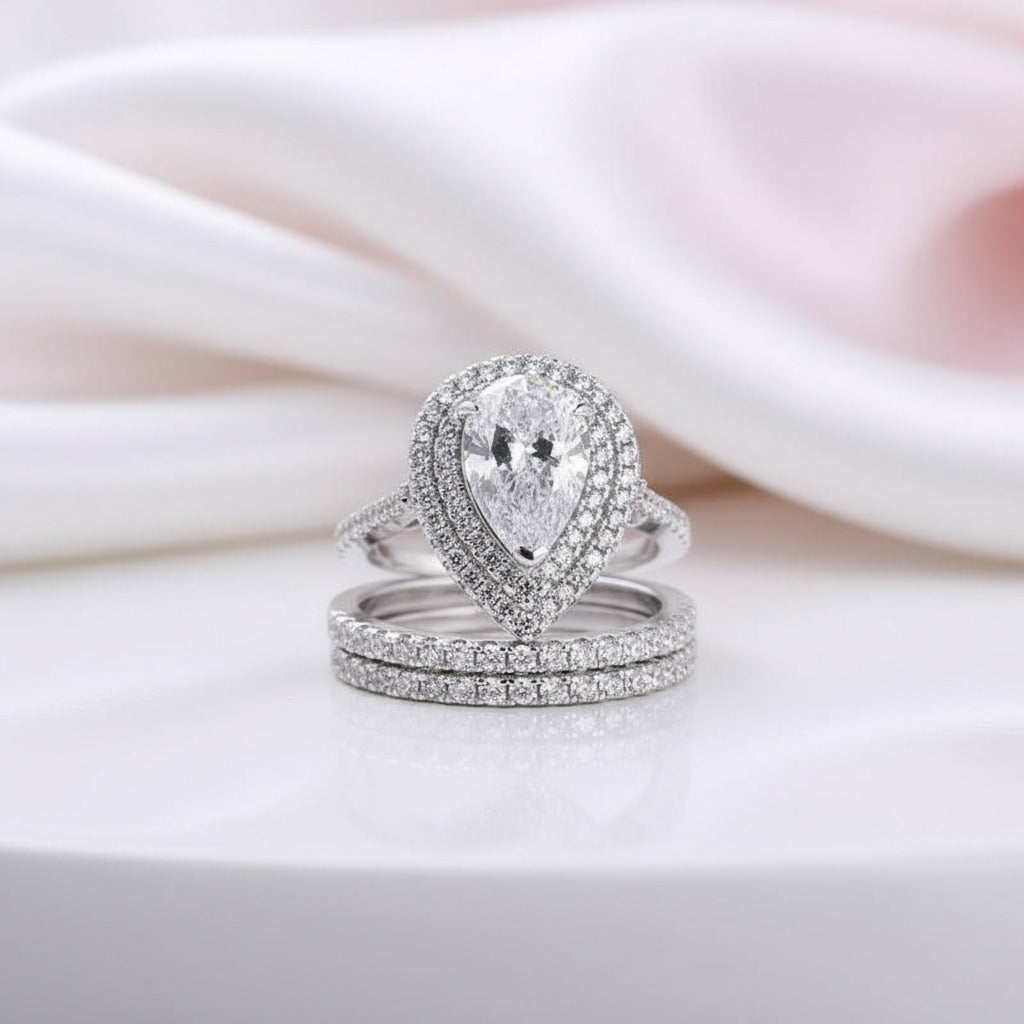Double Halo Pear Cut 3-Pieces Wedding Set-Black Diamonds New York