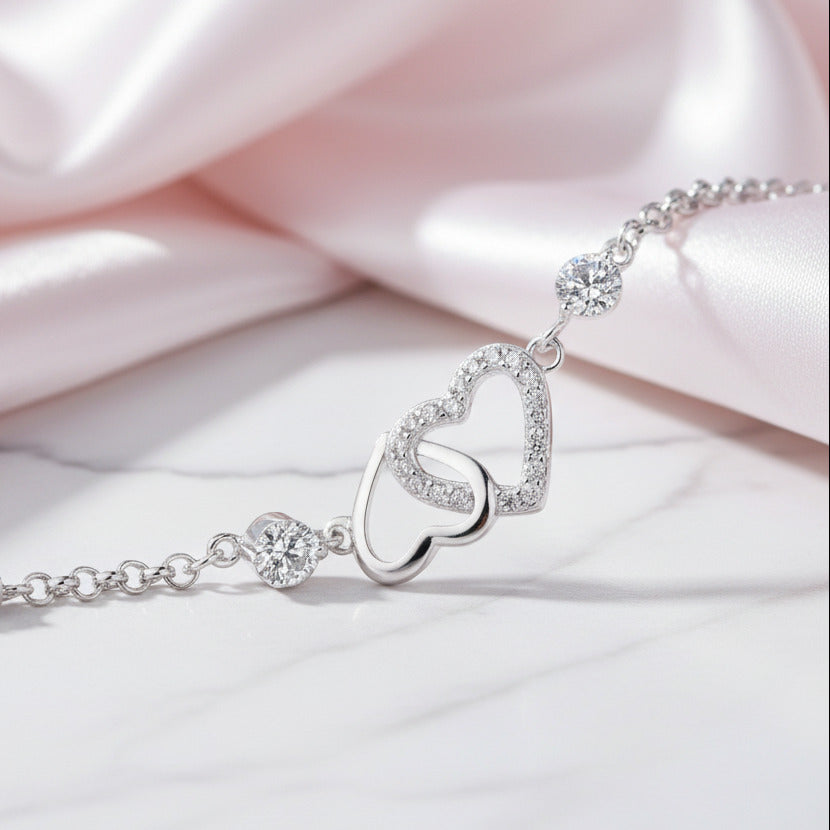 Double Heart Bracelet In Sterling Silver-Black Diamonds New York