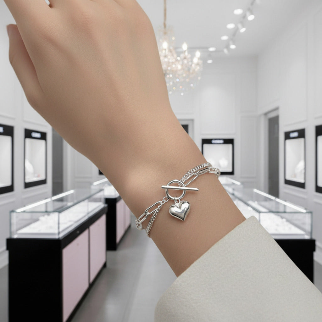 Double Layer Chain Heart Love Bracelet-Black Diamonds New York