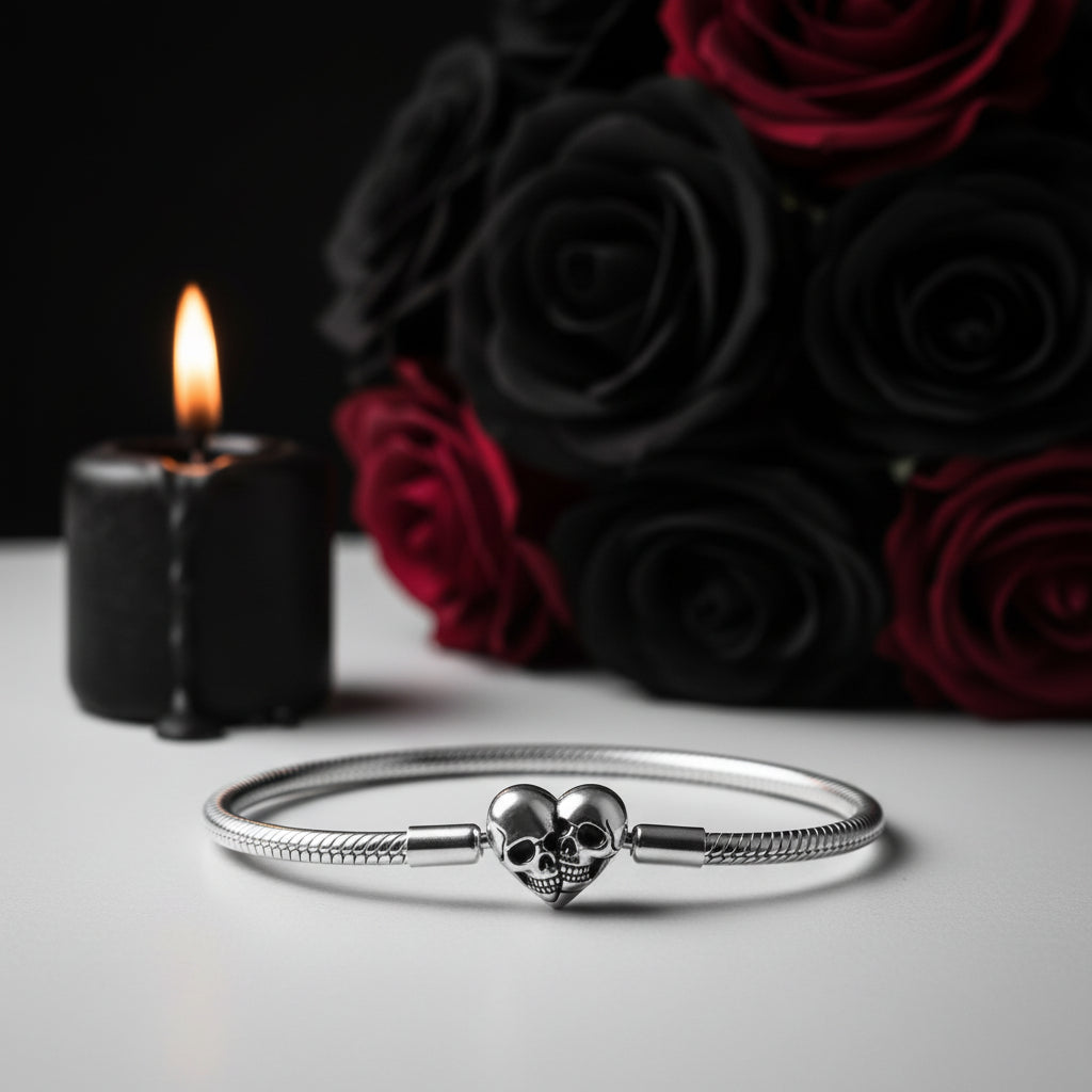 Double Skull Heart Shaped Punk Charm Bracelet-Black Diamonds New York