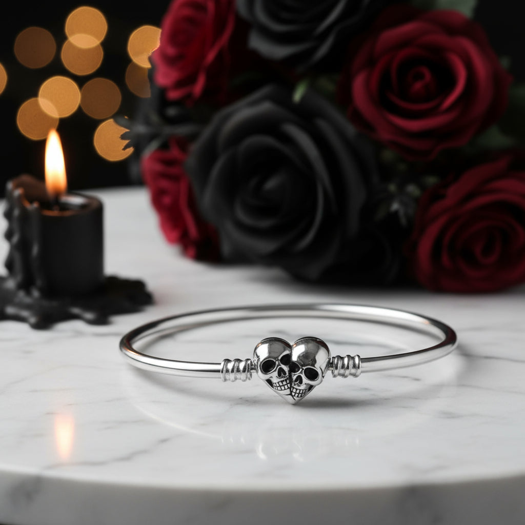 Double Skull Heart Shaped Punk Charm Bracelet-Black Diamonds New York