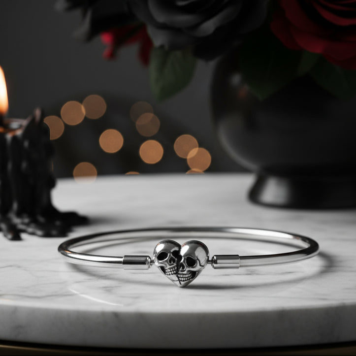 Double Skull Heart Shaped Punk Charm Bracelet-Black Diamonds New York