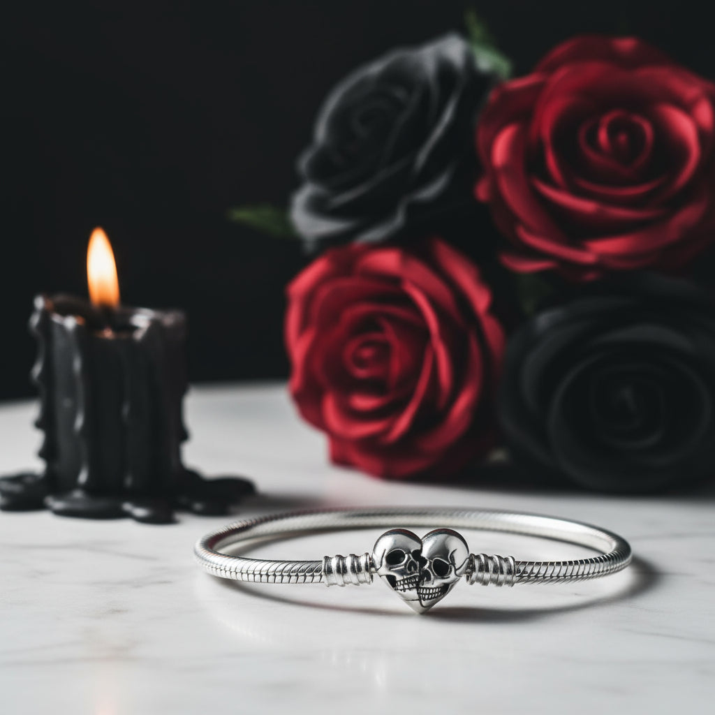 Double Skull Heart Shaped Punk Charm Bracelet-Black Diamonds New York