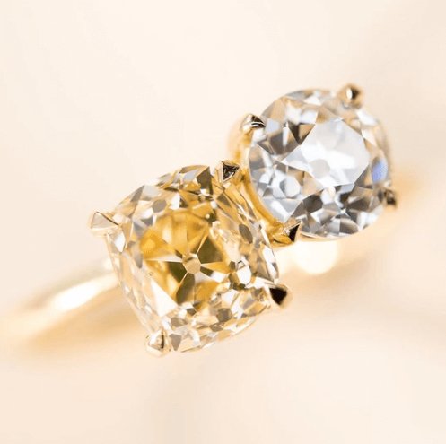 Double Stones Design Cushion & Round Cut Engagement Ring-Black Diamonds New York