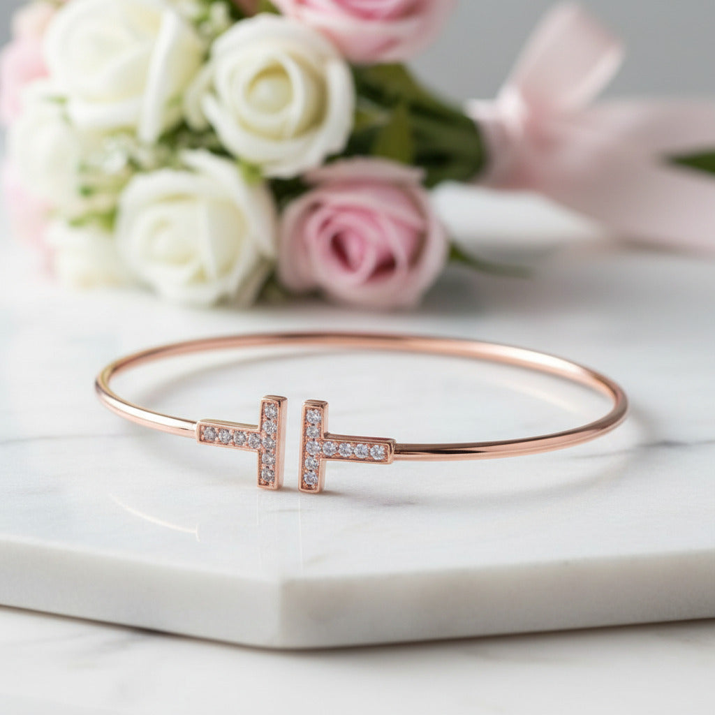 Double T Design Bangle Bracelet-Black Diamonds New York