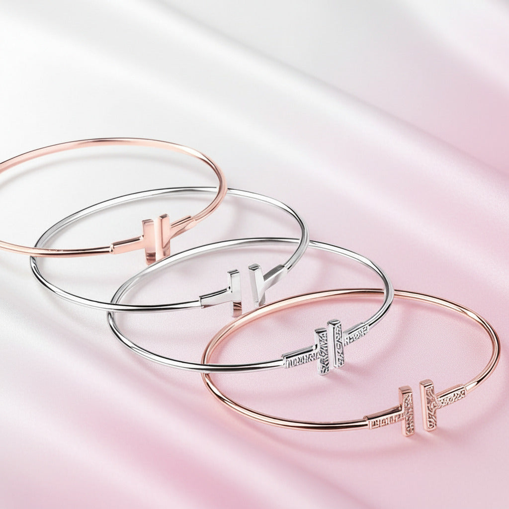 Double T Design Bangle Bracelet-Black Diamonds New York