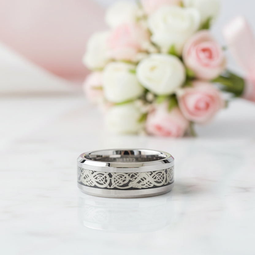 Dragon Inlay Men's Tungsten Carbide Wedding Band-Black Diamonds New York