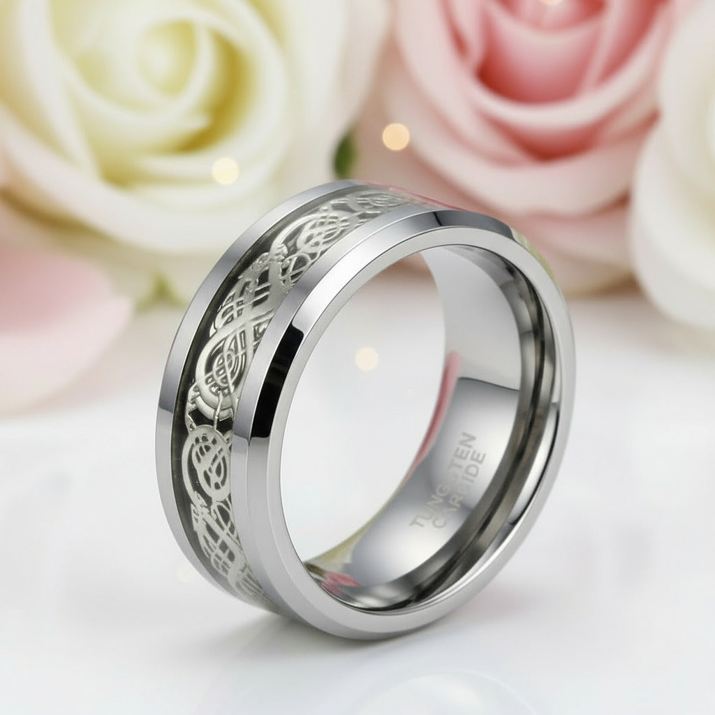 Dragon Inlay Men's Tungsten Carbide Wedding Band-Black Diamonds New York