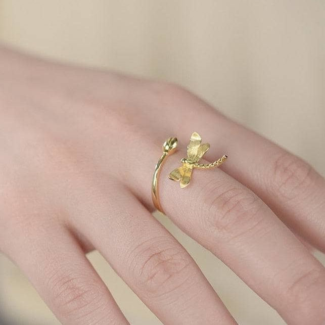 Dragonfly Lotus Bud Adjustable Ring-Black Diamonds New York