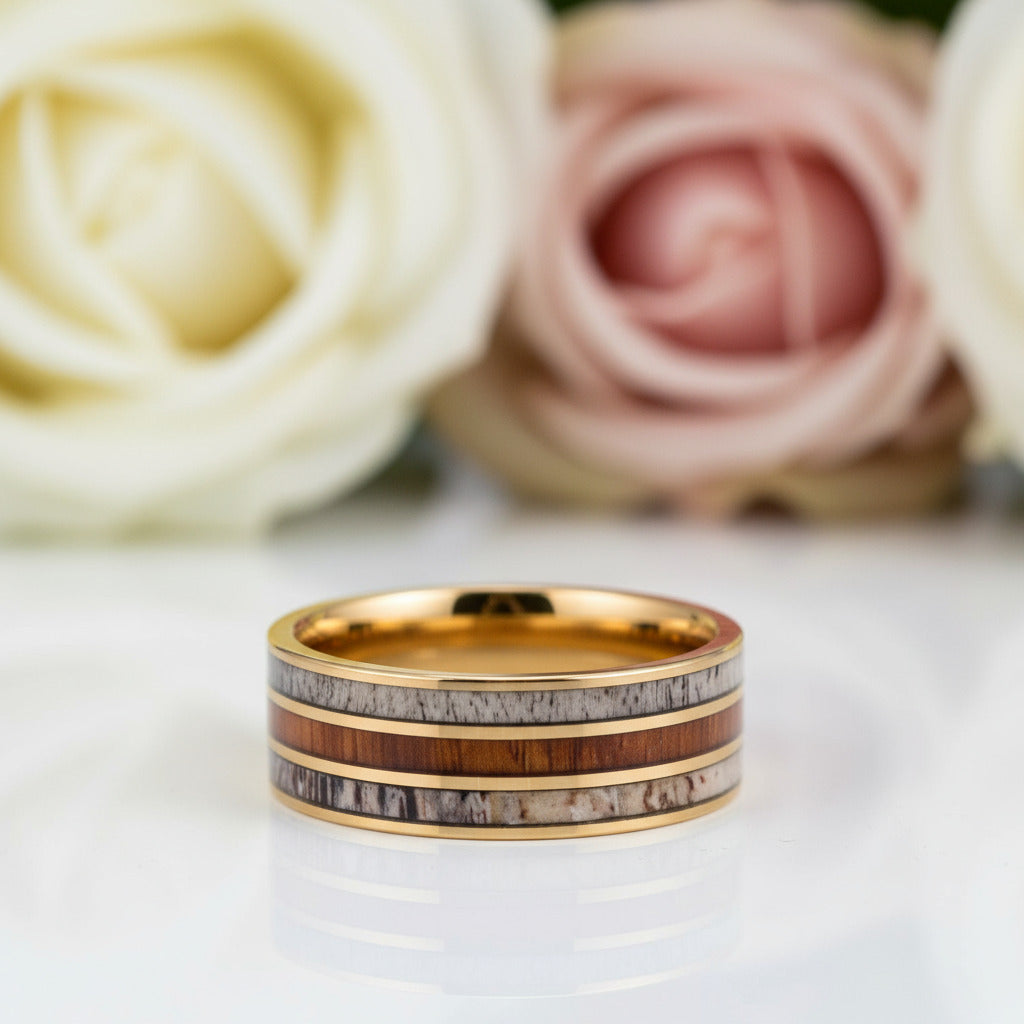 Electric Gold Inlaid Deer Antler Wood Grain Tungsten Carbide Men's Ring-Black Diamonds New York