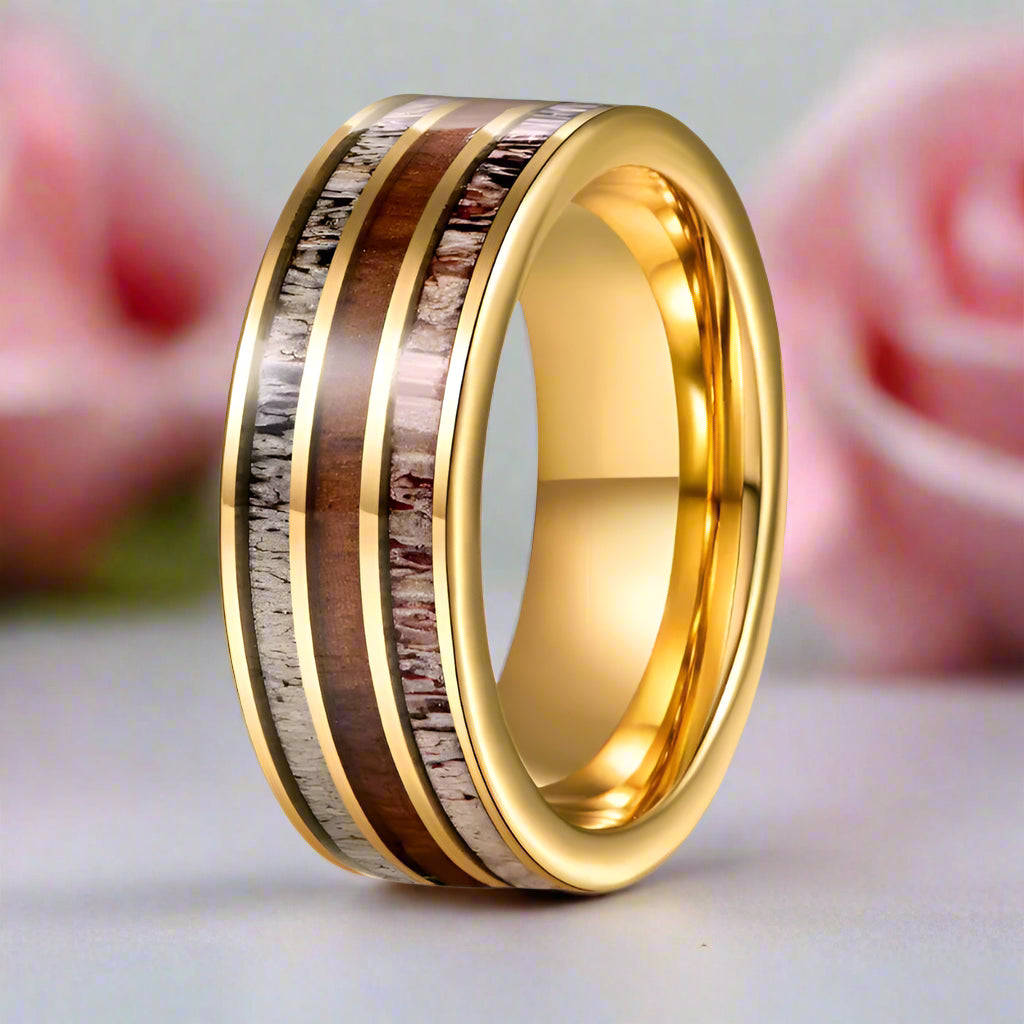 Electric Gold Inlaid Deer Antler Wood Grain Tungsten Carbide Men's Ring-Black Diamonds New York