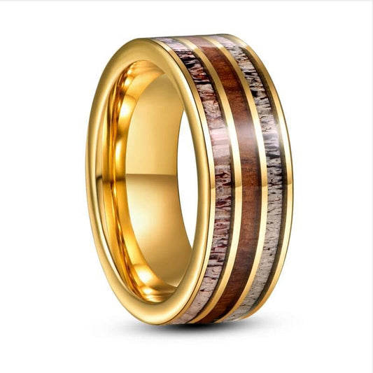 Electric Gold Inlaid Deer Antler Wood Grain Tungsten Carbide Men's Ring - Black Diamonds New York