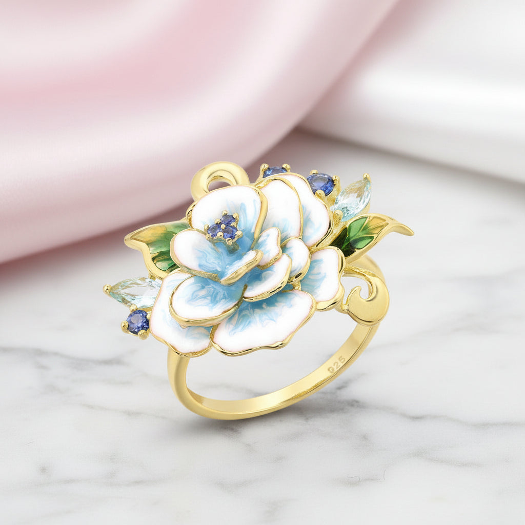 Elegant Blue Enamel Flower with Diamond Option Jewelry Set-Black Diamonds New York