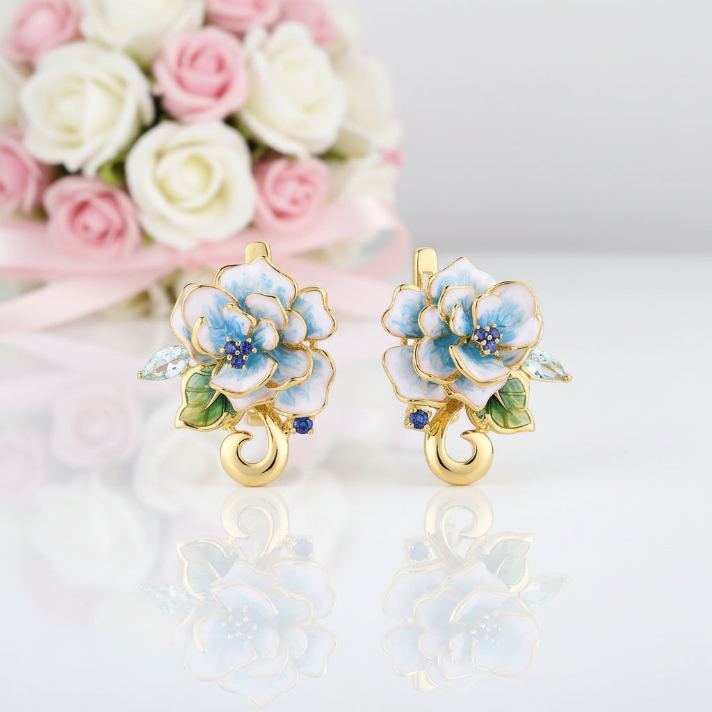 Elegant Blue Enamel Flower with Diamond Option Jewelry Set-Black Diamonds New York