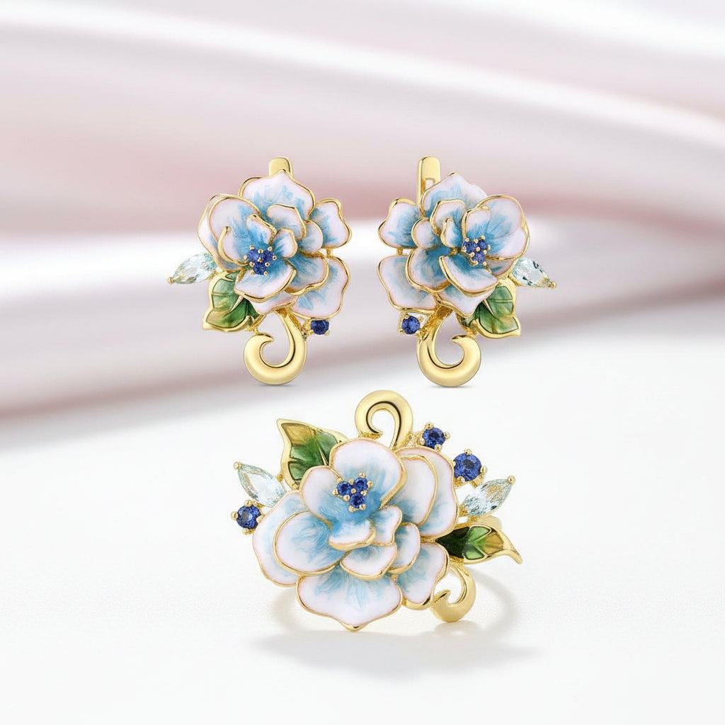 Elegant Blue Enamel Flower with Diamond Option Jewelry Set-Black Diamonds New York
