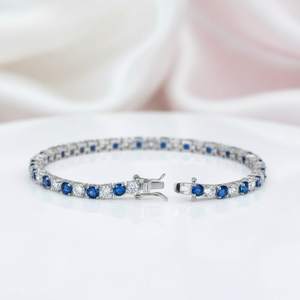 Elegant Blue Round Cut Bracelet In Sterling Silver-Black Diamonds New York