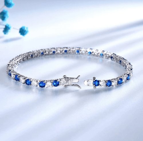 Elegant Blue Round Cut Bracelet In Sterling Silver-Black Diamonds New York