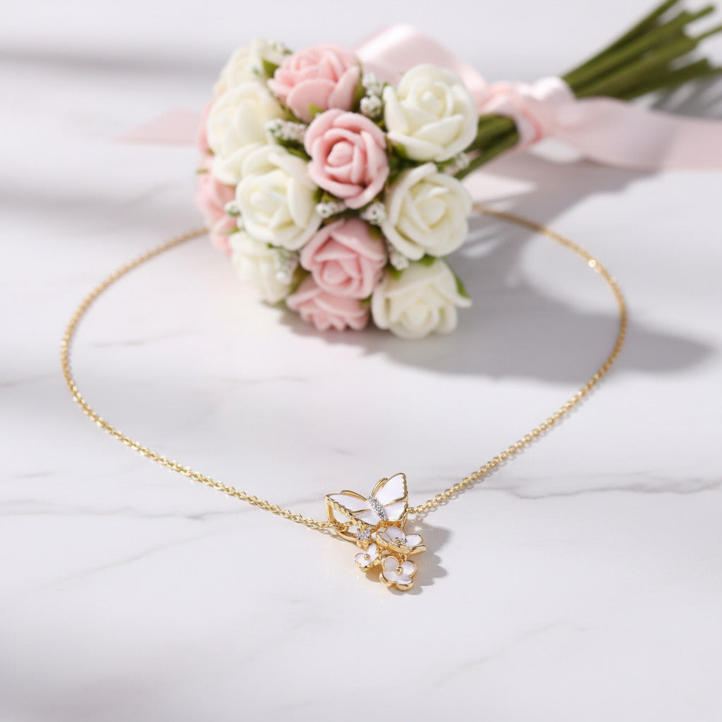 Elegant Enamel Orchid Flower & Butterfly Pendant-Black Diamonds New York