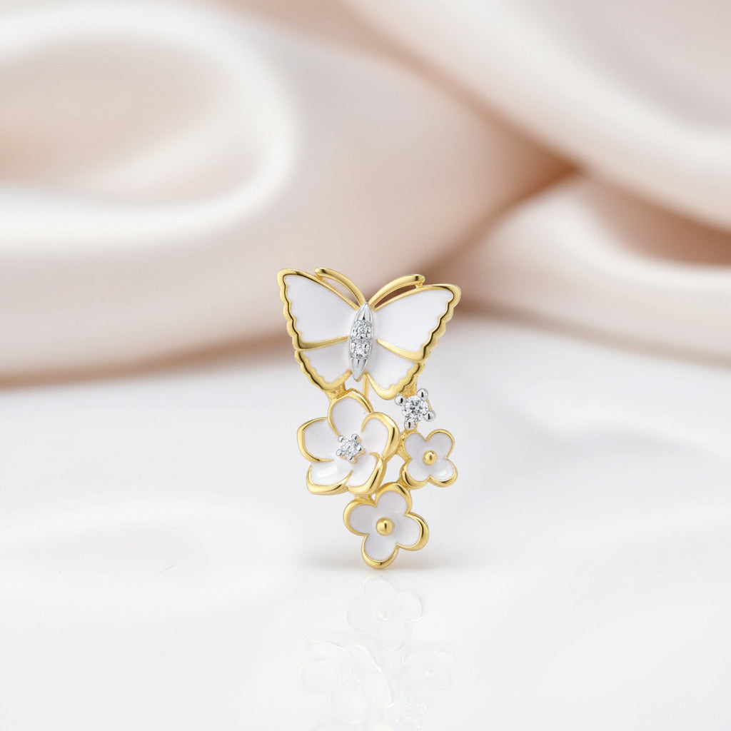 Elegant Enamel Orchid Flower & Butterfly Pendant-Black Diamonds New York
