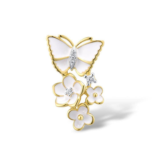 Elegant Enamel Orchid Flower & Butterfly Pendant-Black Diamonds New York