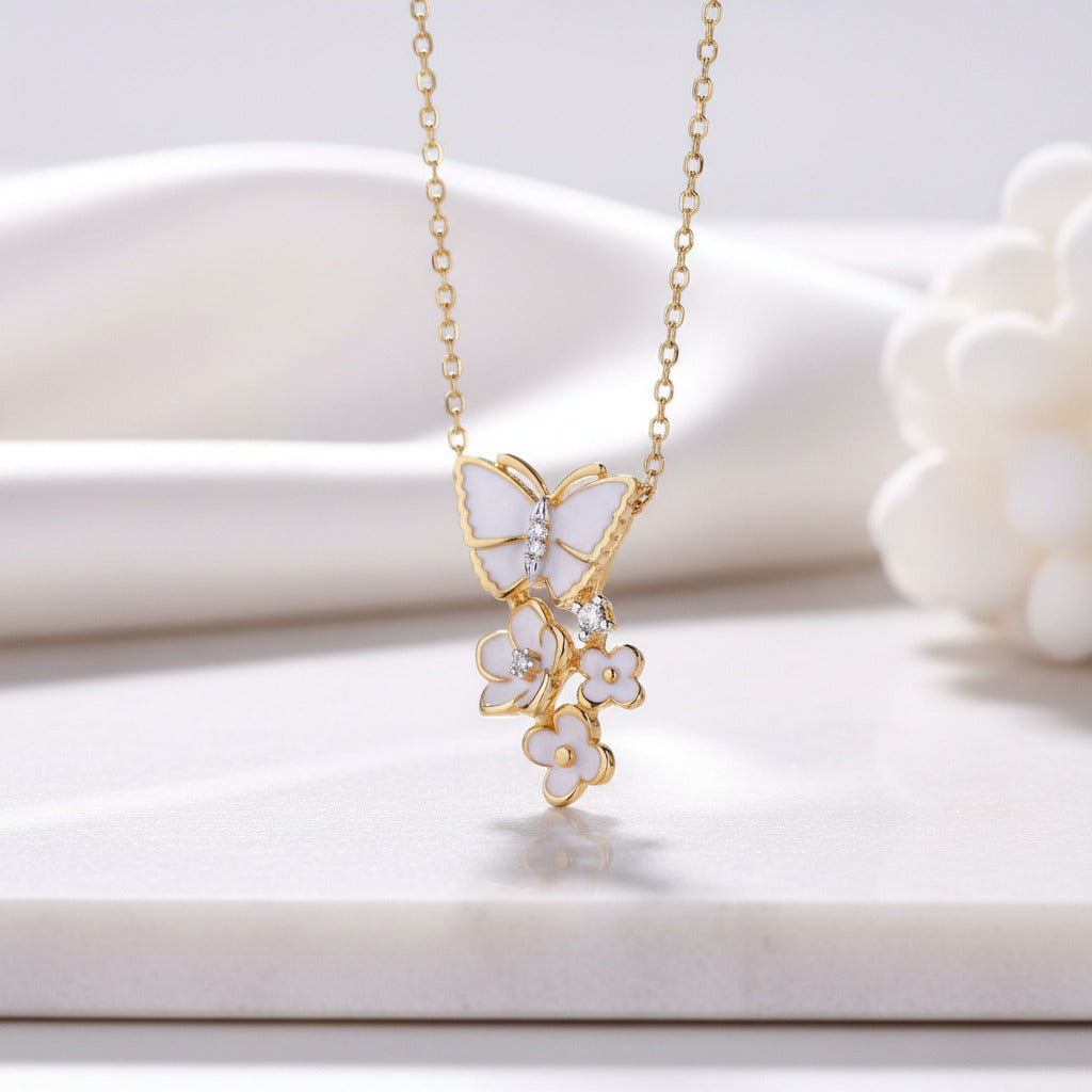 Elegant Enamel Orchid Flower & Butterfly Pendant-Black Diamonds New York
