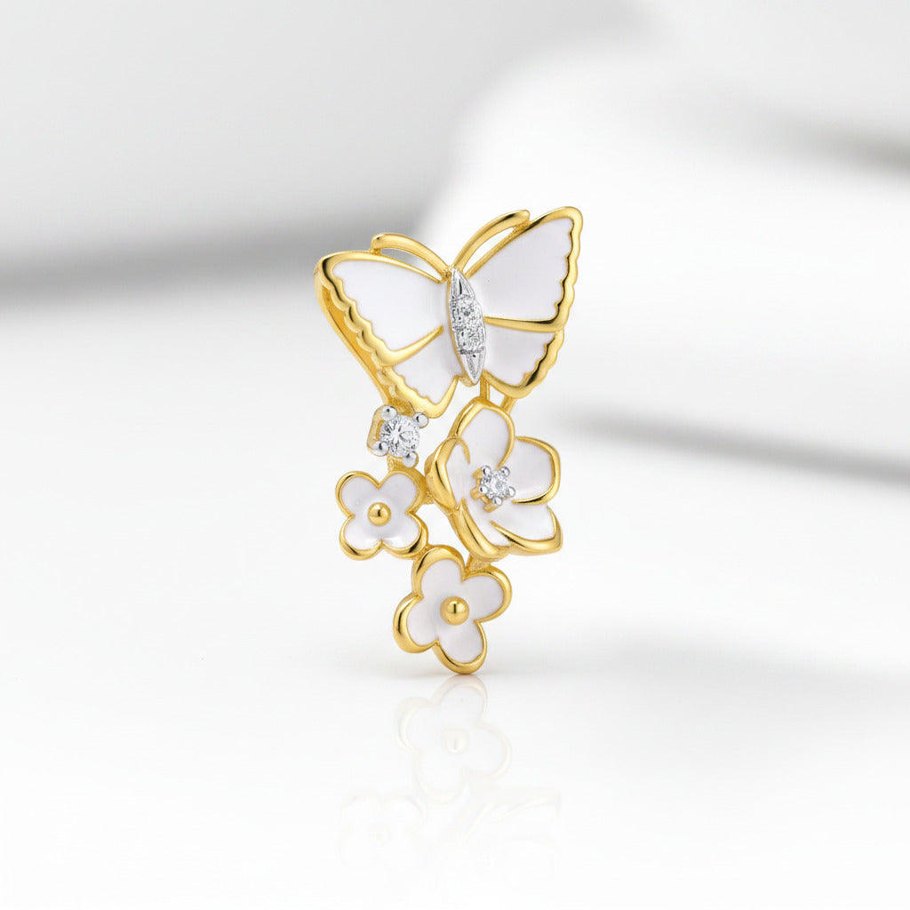 Elegant Enamel Orchid Flower & Butterfly Pendant-Black Diamonds New York