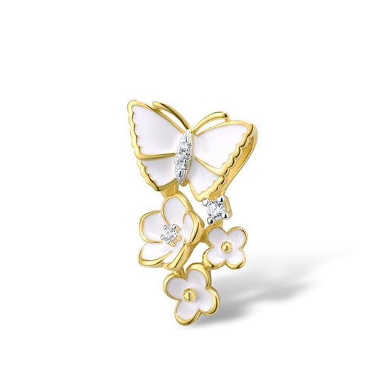 Elegant Enamel Orchid Flower & Butterfly Pendant-Black Diamonds New York