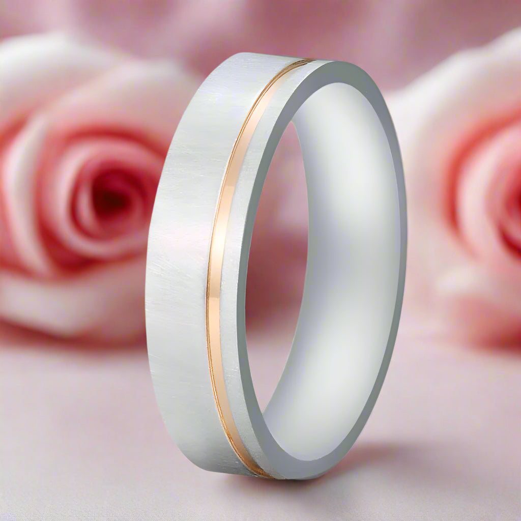 Elegant Diamond Mass Brushed Rose Gold Stripe Wedding Band-Black Diamonds New York