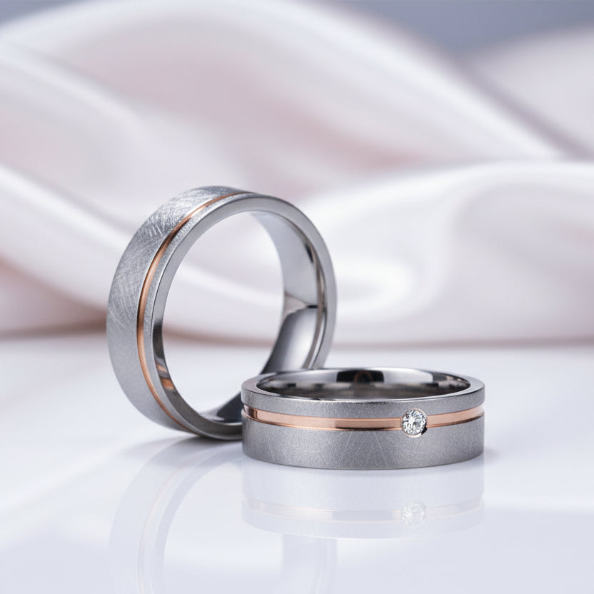 Elegant Diamond Option Mass Brushed Rose Gold Stripe Wedding Band-Black Diamonds New York