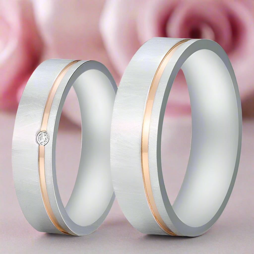 Elegant Diamond Mass Brushed Rose Gold Stripe Wedding Band-Black Diamonds New York