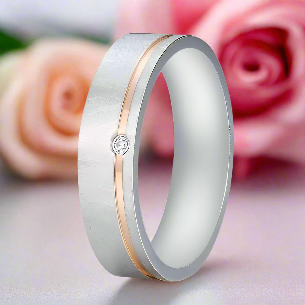 Elegant Diamond Mass Brushed Rose Gold Stripe Wedding Band-Black Diamonds New York