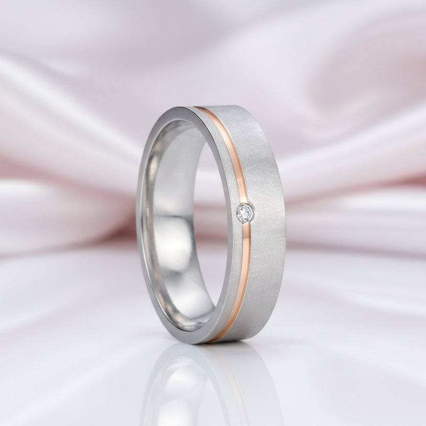 Elegant Diamond Option Mass Brushed Rose Gold Stripe Wedding Band-Black Diamonds New York