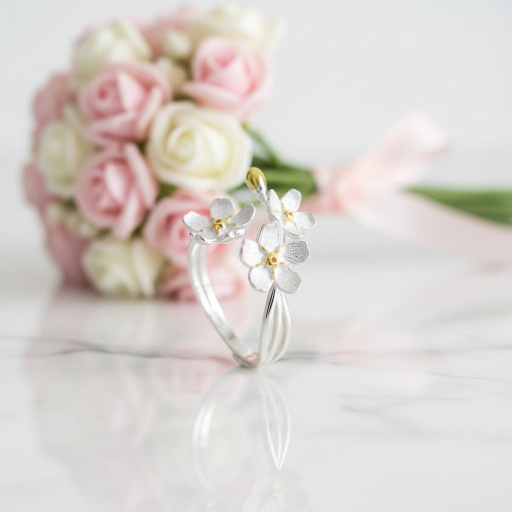 Elegant Forget-Me-Not Flower Adjustable Ring-Black Diamonds New York