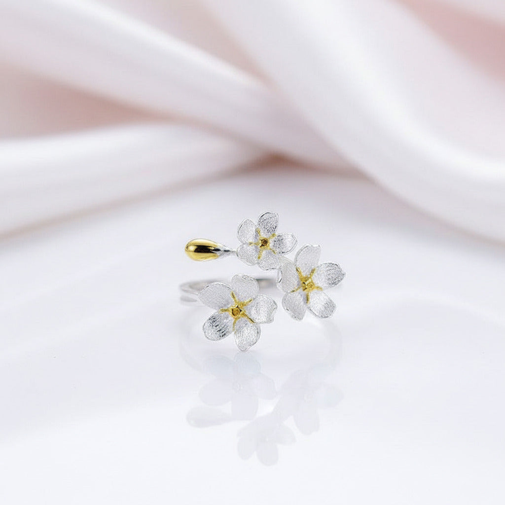 Elegant Forget-Me-Not Flower Adjustable Ring-Black Diamonds New York