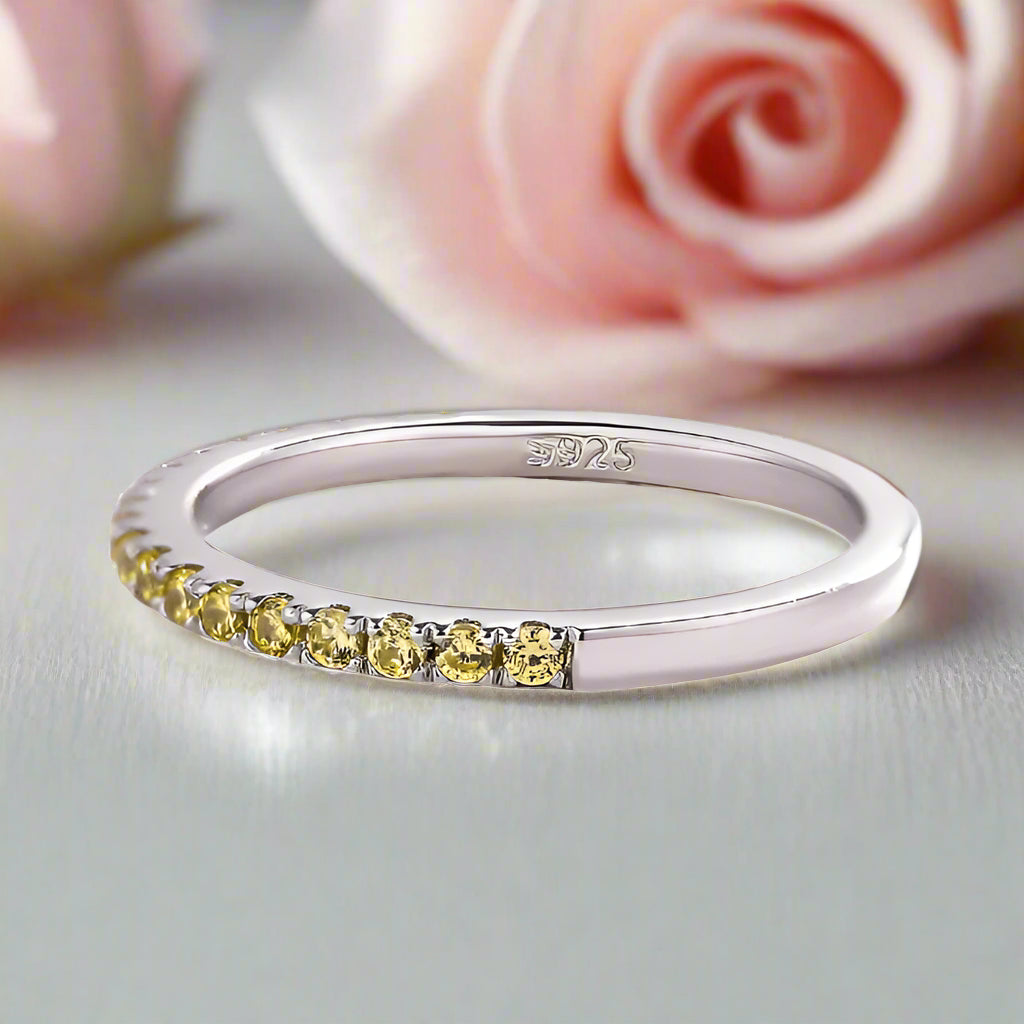 Elegant Half Eternity Light Yellow Sapphire Wedding Band-Black Diamonds New York