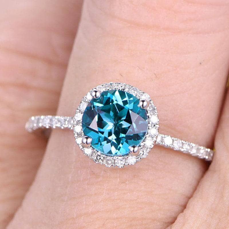 Elegant Halo Round Cut Aquamarine Blue Engagement Ring - Black Diamonds New York