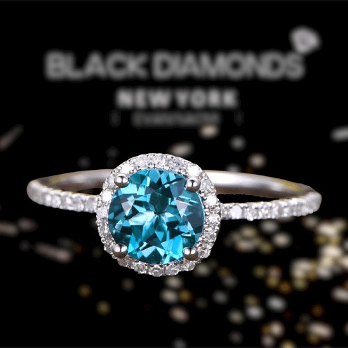 Elegant Halo Round Cut Aquamarine Blue Engagement Ring-Black Diamonds New York