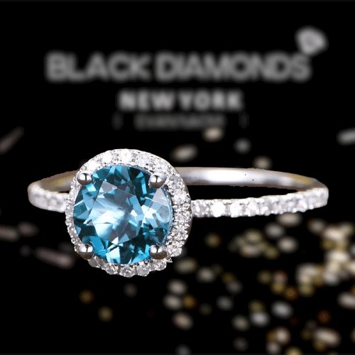 Elegant Halo Round Cut Aquamarine Blue Engagement Ring-Black Diamonds New York