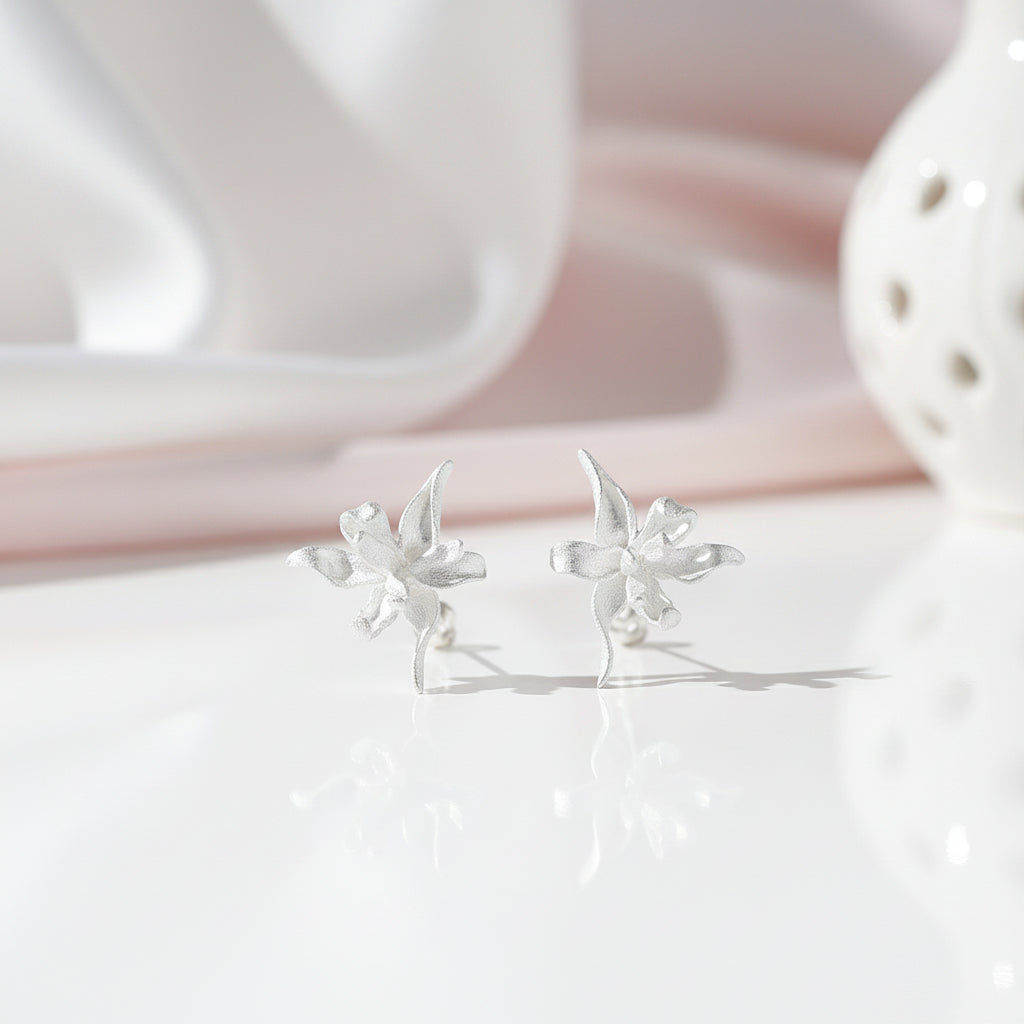 Elegant Iris Flower Stud Earrings-Black Diamonds New York