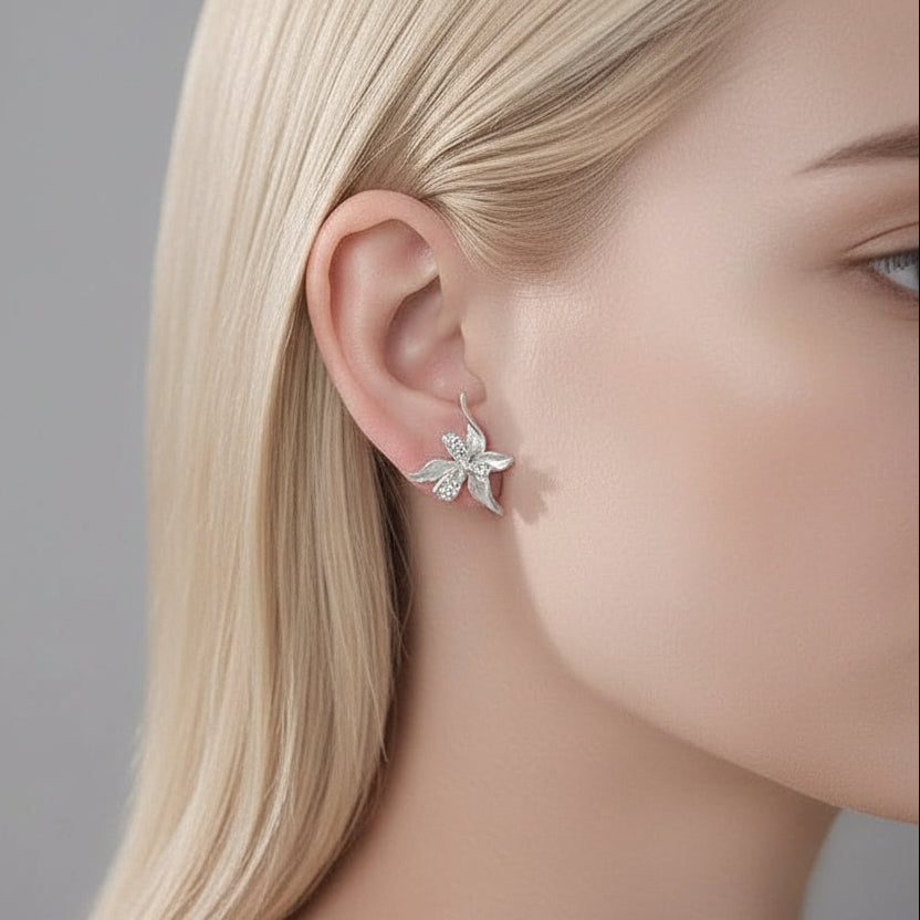 Elegant Iris Flower Stud Earrings-Black Diamonds New York