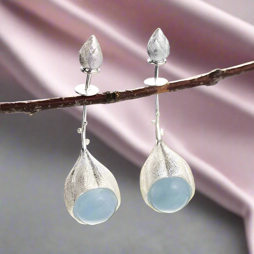 Elegant Lotus Buds Dangle Earrings-Black Diamonds New York