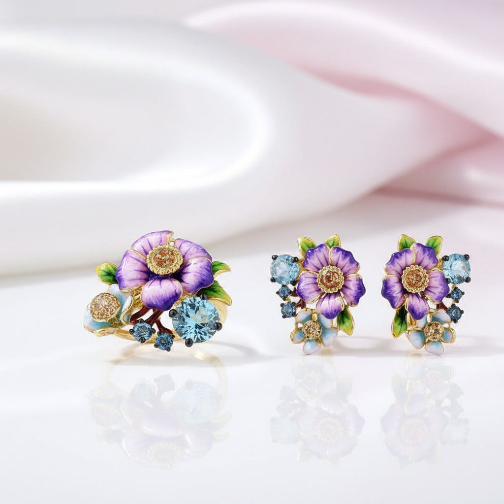 Elegant Purple Enamel Flower with Diamond Option Jewelry Set-Black Diamonds New York