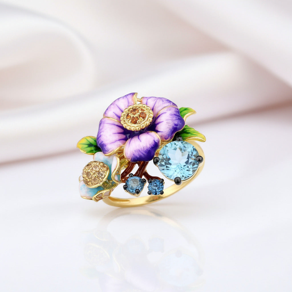 Elegant Purple Enamel Flower with Diamond Option Jewelry Set-Black Diamonds New York