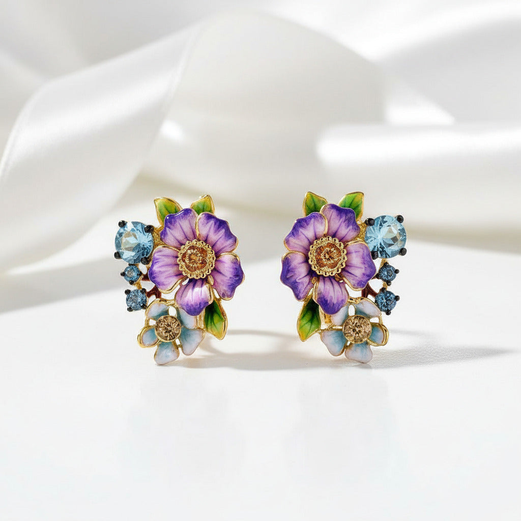 Elegant Purple Enamel Flower with Diamond Option Jewelry Set-Black Diamonds New York