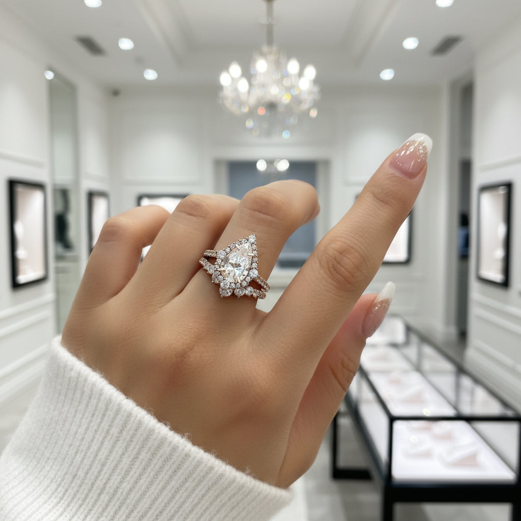 Elegant Rose Gold Carat Halo Pear Cut Bridal Ring Set – Black